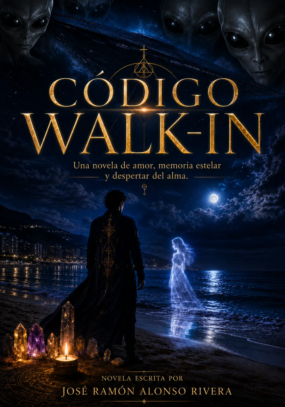 Portada original de la novela CÓDIGO WALK-IN con una figura en la playa, luces estelares y seres grises